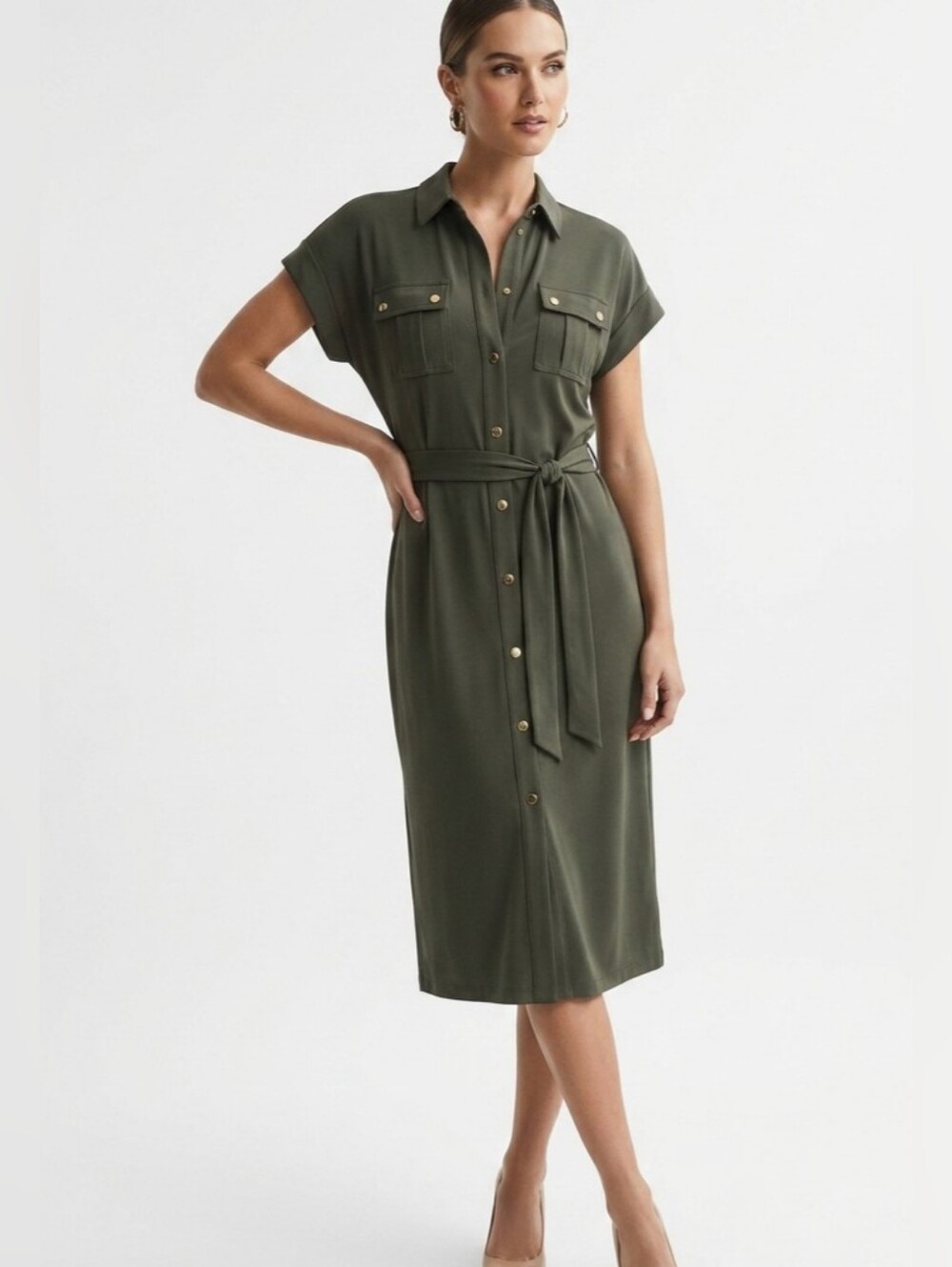Michael Kors Olive Green Utility Shirt with Tie Waist Dress - Size Small
